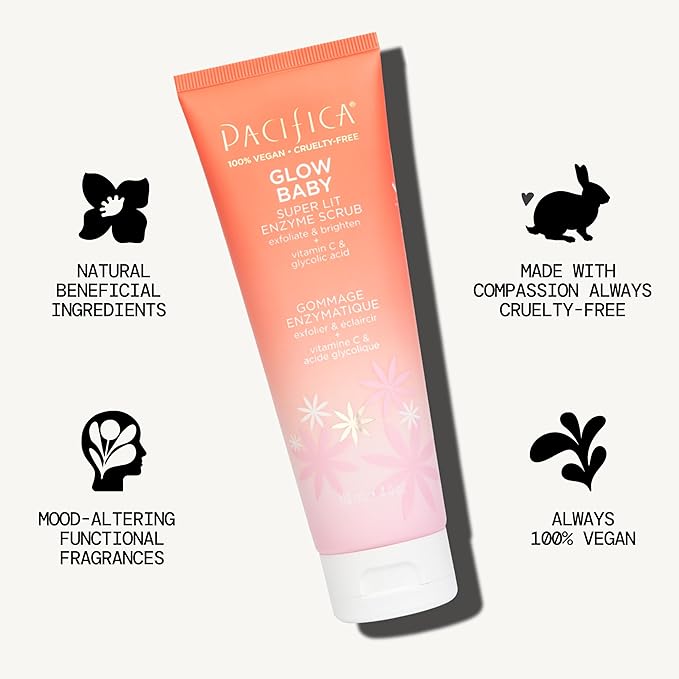 Pacifica Glow Baby Exfoliating Face Scrub, Brightening Enzyme Facial Cleanser w/Vitamin C & Glycolic Acid for Radiant Smooth Skin, Unclogs Pores & Removes Dead Skin, Microbead-Free Vegan (4 fl oz)