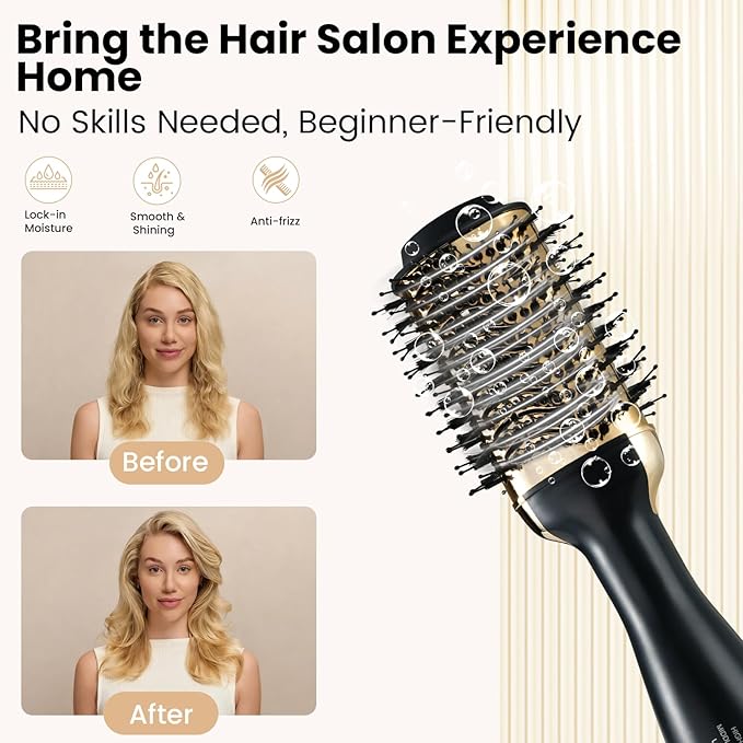 4-in-1 Hair Dryer Brush, Ionic Ceramic Titanium Hot Air Styler with ALCI Safety Plug, 3 Heat Settings for Frizz-Free Blowouts, Salon Volumizer and Straightener (Gold)