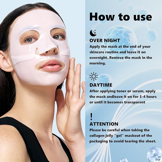 ABOTE Collagen Facial Sheet Mask - Overnight Jelly Gel Transforming from White to Transparent for Glass Glow Skin, Boost Elasticity, Even Skin Tone & Hydrate, 1.23oz (35g) x 4 Pack