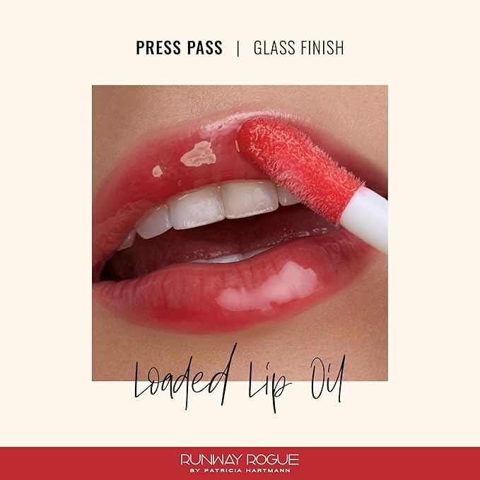 Runway Rogue Loaded Lip Oil, Hydrating and Plumping Glass-Shine Lip Oil with Tri-Peptide Formula, Maraschino-Cherry Red Shine, ‘Press Pass’