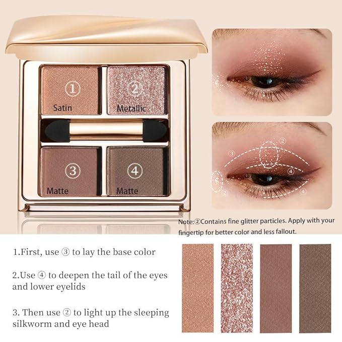 Warm Brown Nude Eyeshadow Palette – 4 Matte&Glitter High-Pigment Blendable Waterproof Long-Lasting Eye Shadow for Soft Glam, Everyday Natural Makeup&Brown Smokey Eye Looks, Paleta de Sombras de Ojos