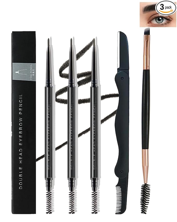 3 Pcs Waterproof Eyebrow Pencil Set, Black Ultra Slim Eye Brow Pencil for Women with Brows Brush&Razor,Professional Brow Micro Retractable Long Lasting Gel Pen for Shaping&Filling Brows Makeup - 01
