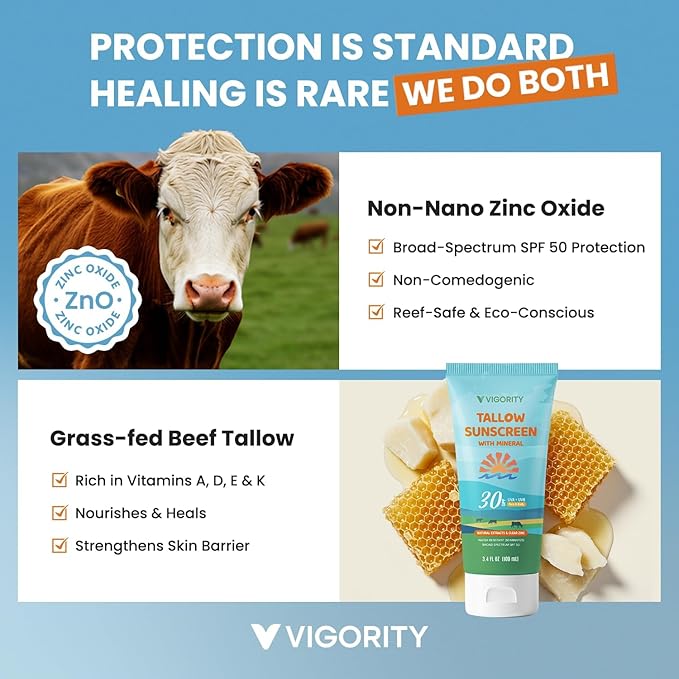 Vigority Tallow Sunscreen SPF 30 for Face & Body – Natural Grass-Fed Beef Tallow, Non-Nano Zinc Oxide – Moisturizing Mineral Sunblock, Non-Greasy & Non-Toxic, Reef Safe for Adults & Kids (3.4 oz)