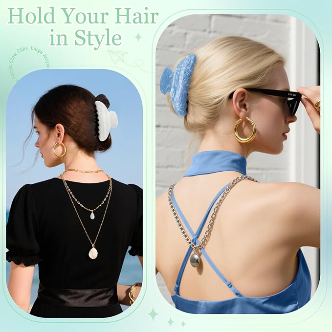 4.2 Inch Large Acrylic Claw Clips, Cute Green White Blue Hair Clips Strong Hold Hair Claw Barrettes for Thick Thin Hair, 4 Pack Stylish French Hair Accessories for Women Girls