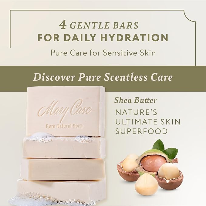 Mary Case Scentless Bar Soap Set of 4 | Shea Butter Soap with Olive & Coconut Oils | Fragrance-Free Bath Soap for Men & Women | Deep Moisturizing Dry Skin & Soothing Sensitive Skin
