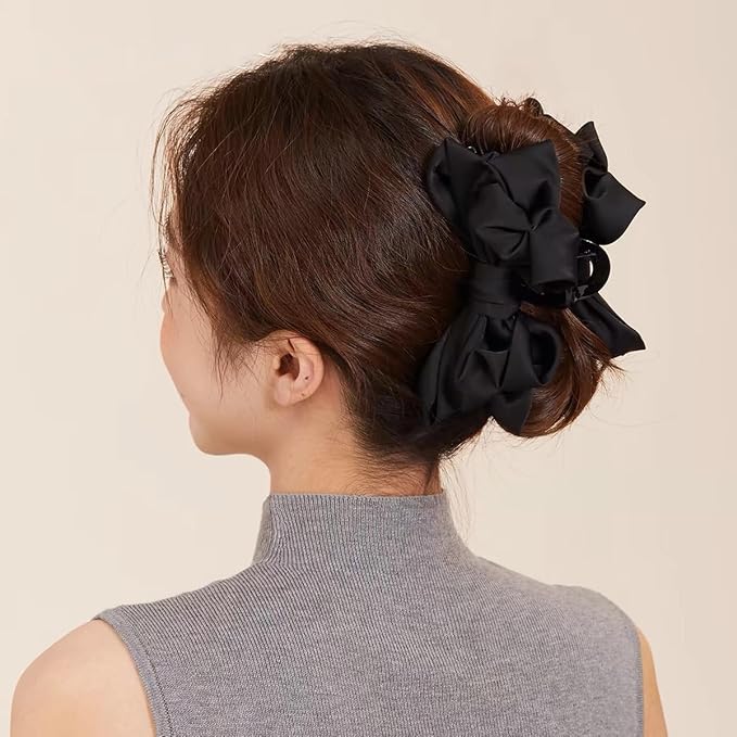 3 PCS Large Bow Hair Claw Clips Satin Bow Claw Clip for Women Girl with Long Thick Hair 5.9 inch Elegant Hair Ribbon Design for all types Big (Black+White+Pink)