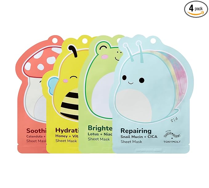 TONYMOLY x Squishmallows Sheet Mask Set – 4-Pack Facial Skincare Variety for Hydrating, Soothing, Repairing, Nourishing, Moisturizing & Glowing Skin