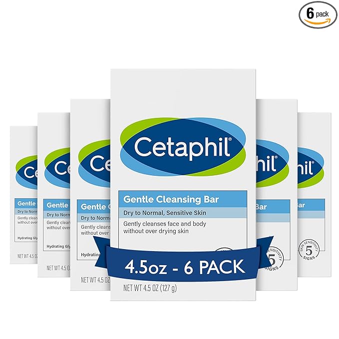 Cetaphil Gentle Cleansing Face and Body Bar, 4.5 oz Bar (Pack of 6), Nourishing Cleanser Bar For Dry, Sensitive Skin, Non-Comedogenic, (Packaging May Vary)