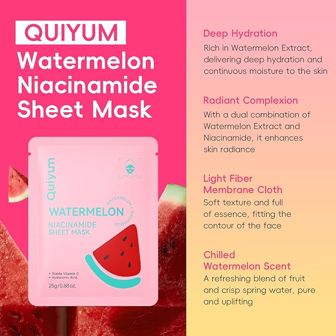 QUIYUM 14 Pack Watermelon Niacinamide Sheet Mask - Hydrating Facial Masks for All Skin Types, Skincare Set, Spa Gift for Women & Teens