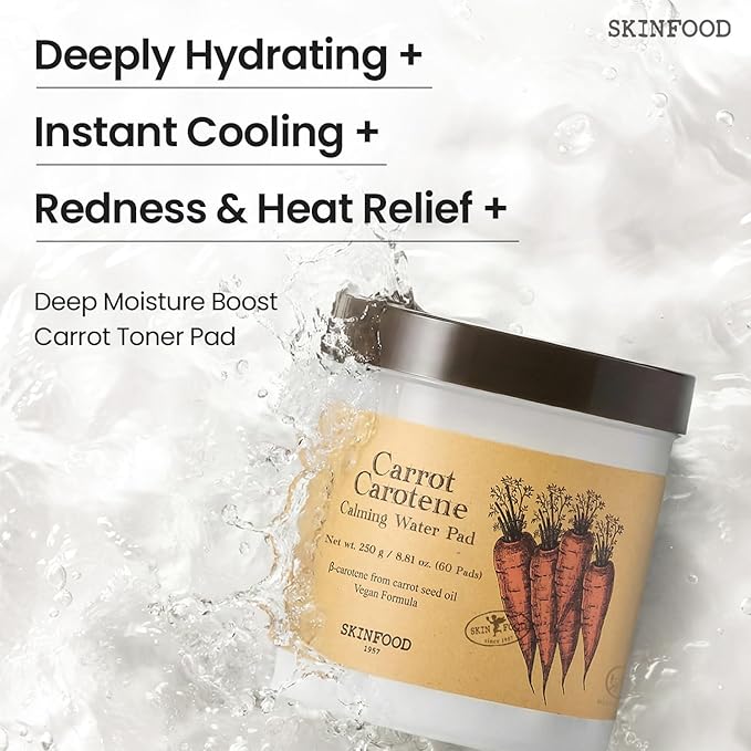 SKINFOOD Carrot Toner Pads, Instant Cooling & Redness Relief, After Sun Care for Heat-Stressed Skin, Quick Calming Hydrating Cotton Facial Pads, Korean Skincare (60CT)