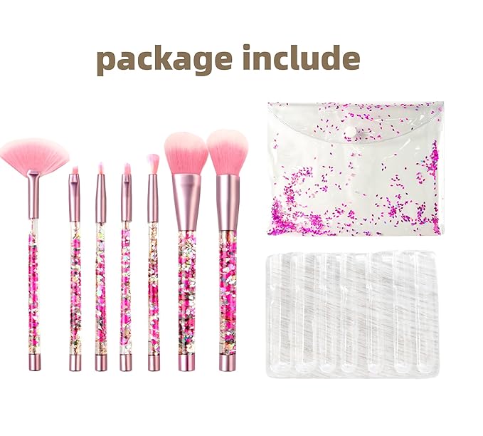 Sparkle Pink Makeup Brushes Set,Unicorn Glitter 7pc Foundation Blush Lip Nose Eyeshadow Eyebrow Loose Powder Fan Make Up Brushes Kit with Liquid for Kids Girls Teen Women Gift Present