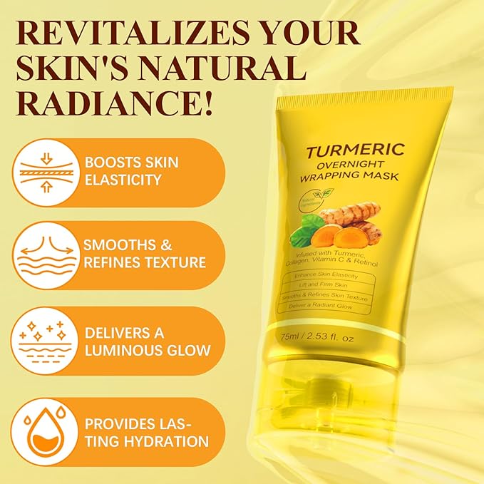 2Pack Turmeric Vitamin C Collagen Overnight Wrapping Peel Off Mask with Retinol for A Clear, Dewy, Radiant Complexion Against Roughed & Stressed & Saggy Skin, Anti-Aging/Wrinkles/Fine Lines