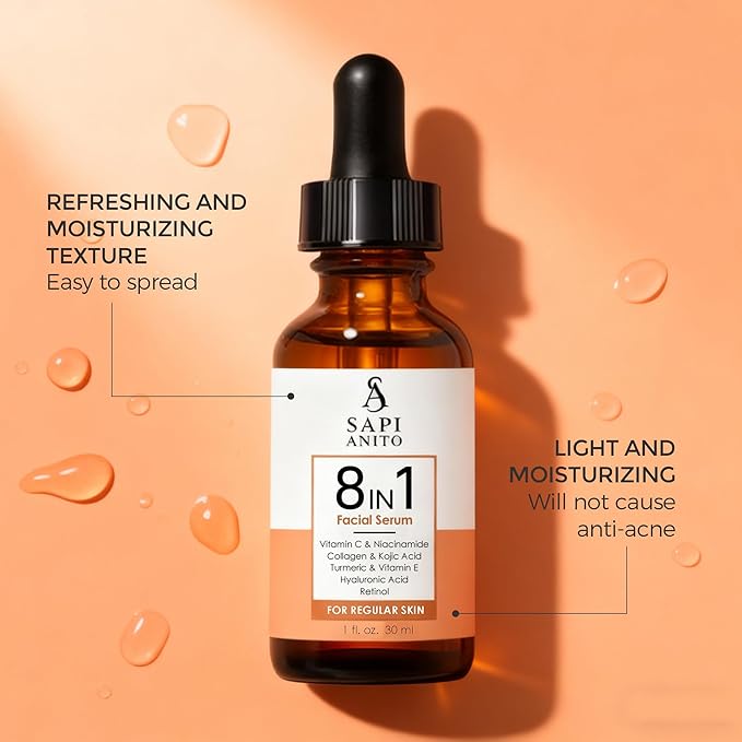 Sapi Anito 8-in-1 Facial Serum for Regular Skin, 1 fl oz (30 ml) – Vitamin C, Niacinamide, Hyaluronic Acid, Retinol, Kojic Acid, Turmeric, Vitamin E & Collagen