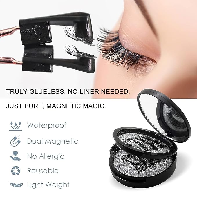 Magnetic Eyelashes with Applicator, 4-Pairs Natural Look Reusable False Lashes for Effortless Wearing, No Glue Needed & Comfortable All-Day Wear