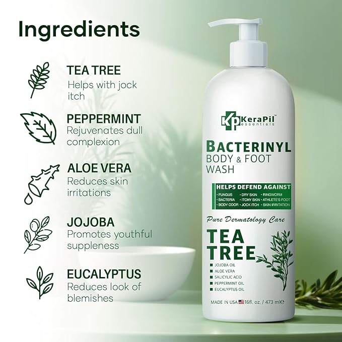 KERAPIL Bacterinyl Tea Tree Oil Body Wash - Antibacterial & Antifungal Support for Ringworm, Body Odors, Athlete’s Foot & Acne, Helps Soothe Itchy, Dry Skin - Made in USA (16 fl oz)