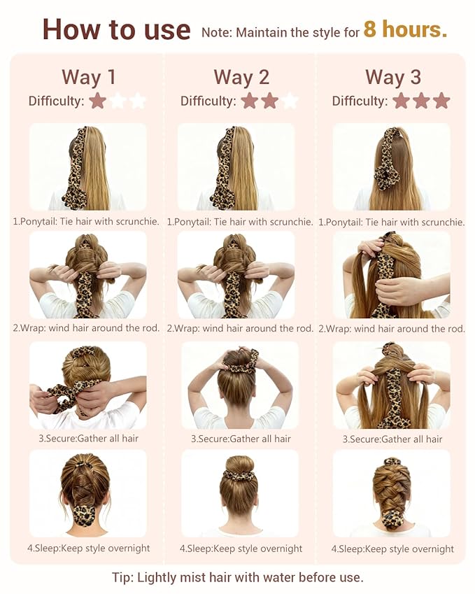 BONNET QUEEN Satin Heatless Hair Curler, Overnight Curls for Long Hair, Ultra Soft Daily Use of Hair Accessories & 2 Scrunchies, Damage-Free Styling, Soft Hair Curlers for Overnight, Leopard