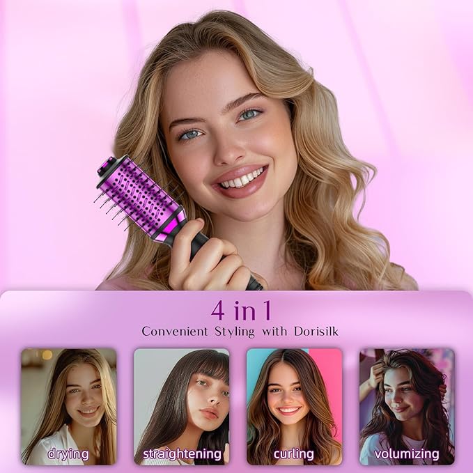 DORISILK Small Dual Voltage Blow Dryer Brush,4 in 1 Blow Dryer Brush for Drying Straightening Curling Volumizing，Travel Hot Air Styler with 2 Inch Oval Barrel