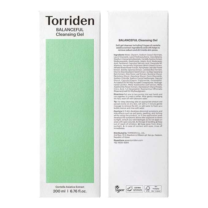 Torriden BALANCEFUL Cleansing Gel 200ml (6.76 fl. oz.) | Low pH Cleanser | Gentle Facial Cleanser that Soothes, Calms, and Hydrates | 5 types of Centella Asiatica Extracts
