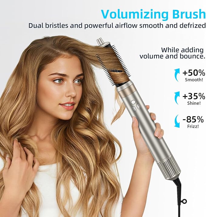 6-in-1 Hot Air Styler & Blow Dryer Brush, Ionic Hair Dryer Volumizer, Multi-Function with Interchangeable Attachments for Curling, Straightening & Fast Drying, Ideal Gift for Women(Champagne Gold)