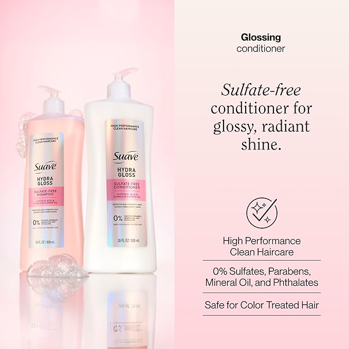 Suave Hydra Gloss Sulfate Free Conditioner with Glycolic Acid & Camellia Flower Oil for Hydrated, Smooth, Glossy Shine, 4 Count, 28 FL OZ
