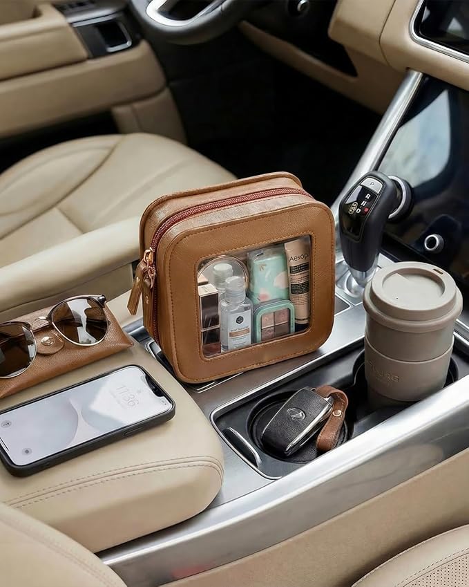 LETGO Clear Makeup Brush Bag Pouch, Waterproof PU Leather Portable Makeup Bag Holder with Transparent Window, Travel Lipstick Case Pouch Car Organizer and Storage, Square, Brown