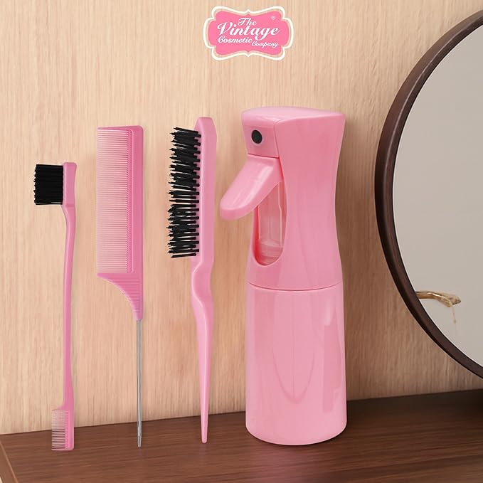 The Vintage Cosmetic Company Slick Bun Hair Misting Set for Women and Girls, Refillable Spray Bottle & Comb for Effortless Hair Styling and Refresh
