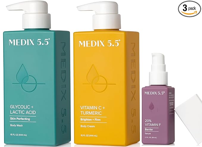 Medix 5.5 Anti Aging Skin Care 3PC Set | Vitamin C Body Cream + Exfoliating AHA Glycolic Acid Foaming Face & Body Wash + Vitamin F Booster Serum, Wash + Treat + Hydrate Skincare Set