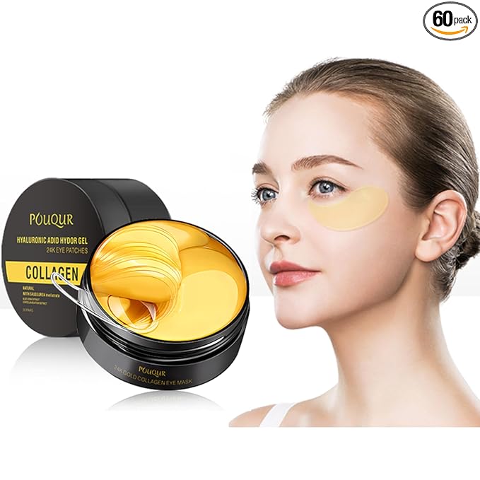 24K Under Eye Patches Gold Collagen Eye Mask, 60 Pairs Hydrogel Under Eye Patches with Hyaluronic Acid, Anti-Aging Treatment for Dark Circles, Puffiness and Fine Lines