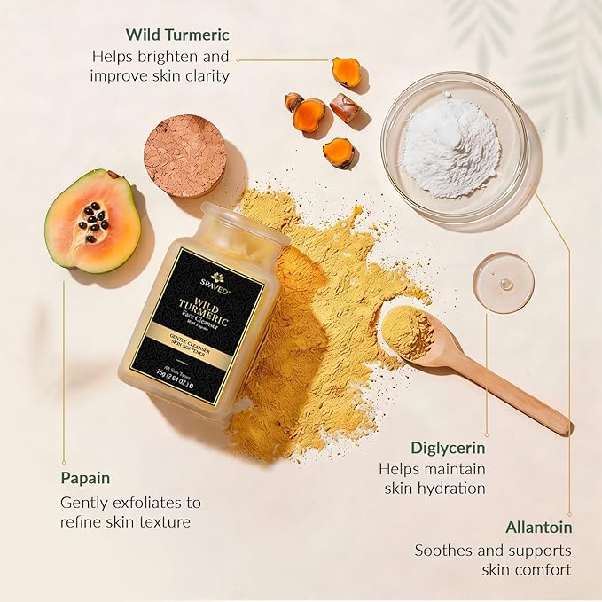 Wild Turmeric Face Cleanser 2.6 oz -Brightening Powder Face Wash with Papaya Enzymes - Sulfate-Free, Vegan Cleanser - Promotes Glow & Clarity