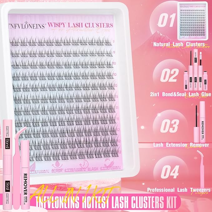 Wispy Lash Clusters Kit Natural Lash Extension Kit 9-12MM Cluster Eyelash Extensions Kit DIY Eyelash Extension Kit Individual Lashes Clusters Eyelash Extension with Lash Remover by TNFVLONEINS