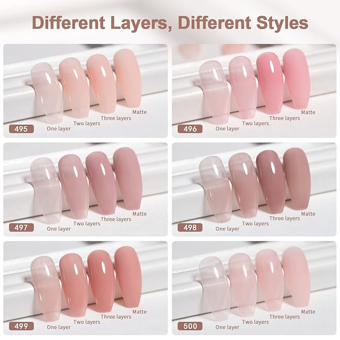 RARJSM Nude Gel Polish Set Jelly Pink Collection of 6 Transparent Natural Colors Sheer Pink Milky Mavue Purple Light Brown French Manicure LED UV Gel Nail Polish Soak Off Curing Requires Home Salon