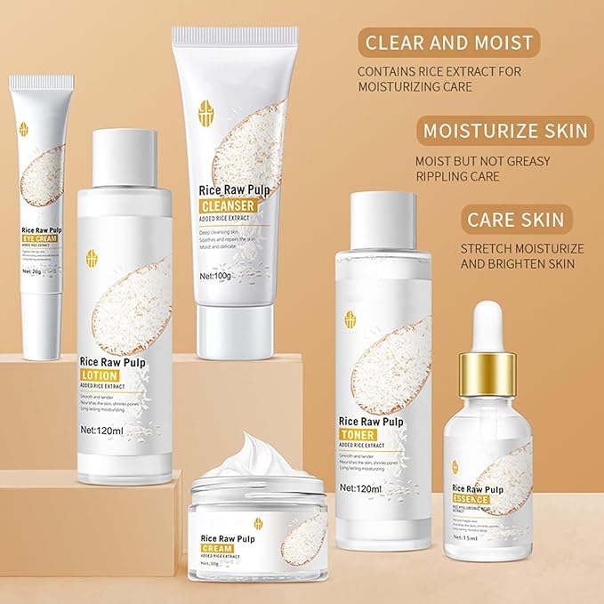 6PCS Rice Skin Care Sets, Moisturizing Face Skin Care Gift Set for Women Girls, Face Care Kit Inclusde Cleanser, Toner, Eyecream, Essence, Emultion, Face Cream (NEW-Rice)