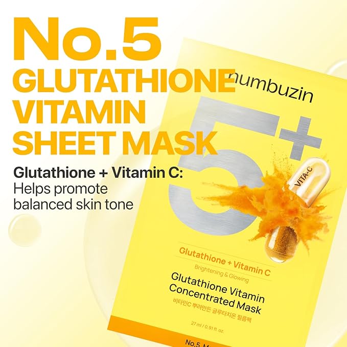 numbuzin No.5 Sheet Mask | Vitamin Spotlight Sheet Mask | Glutathione and Vitamin C | Reduces Hyperpigmentation, Improves Skin Complexion | Gentle and non-irritating | 5 sheet