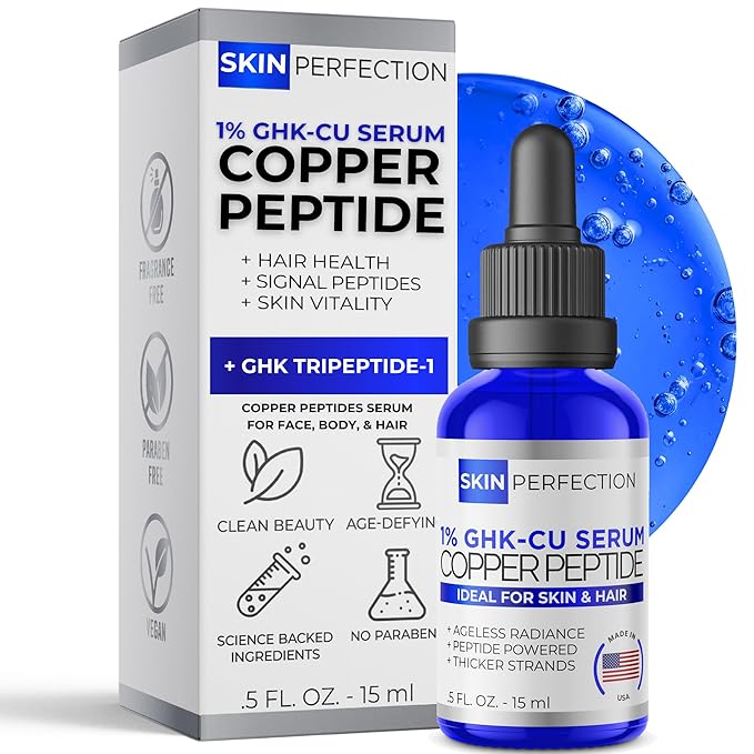 Skin Perfection Copper Peptide Serum GHK-CU 1% for Face & Hair Copper Peptides for Skin, Hair, & Scalp - 1% Blue Liquid for Face, Neck, Body, Scalp Multi-Use Serum Booster with Dropper 0.5 fl oz