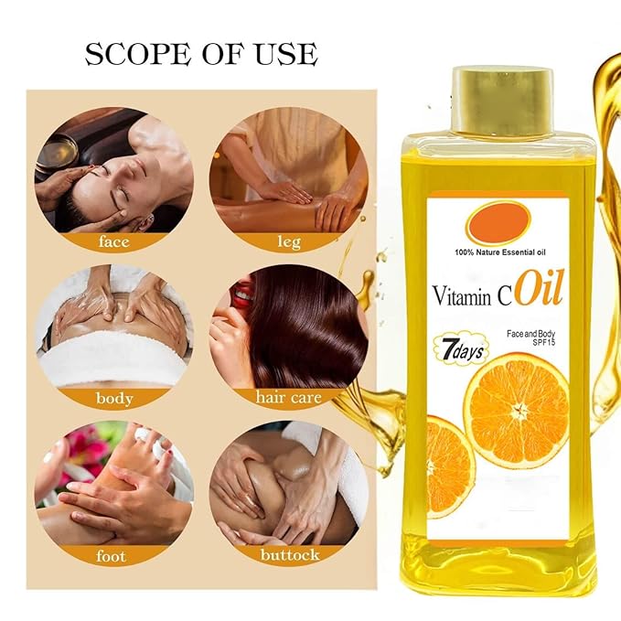 Vitamin C Oil for Massage and Skin Moisturizing, Lightweight Hydrating Body Oil for Dry Skin, Spa Body Care Oil, 200ml / 6.76 fl oz