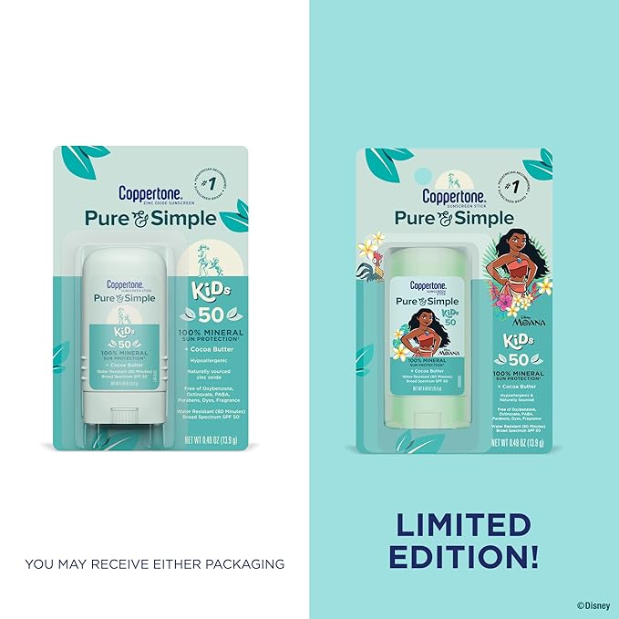 Coppertone Pure and Simple Kids Exclusive Disney Moana Sunscreen Stick SPF 50, Hypoallergenic, Mineral Sunscreen for Kids, Water Resistant, Oxybenzone and Octinoxate Free, 0.49 Oz Stick (Pack of 2)