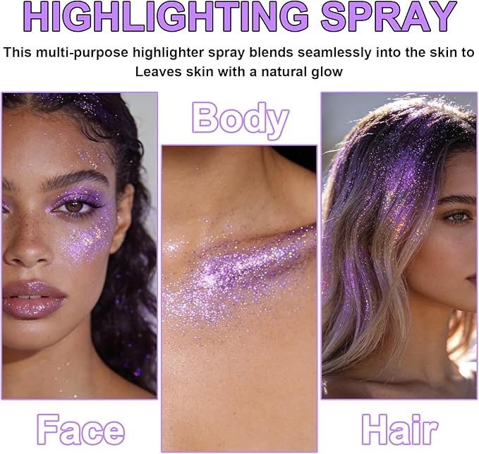 Hair and Body Glitter Spray, Shimmering Powder Sparkle Powder Makeup, Glitter Loose Sparkle Makeup for Body Highlighter,Festival Prom Rave Accessories (Iridescent-Violet)