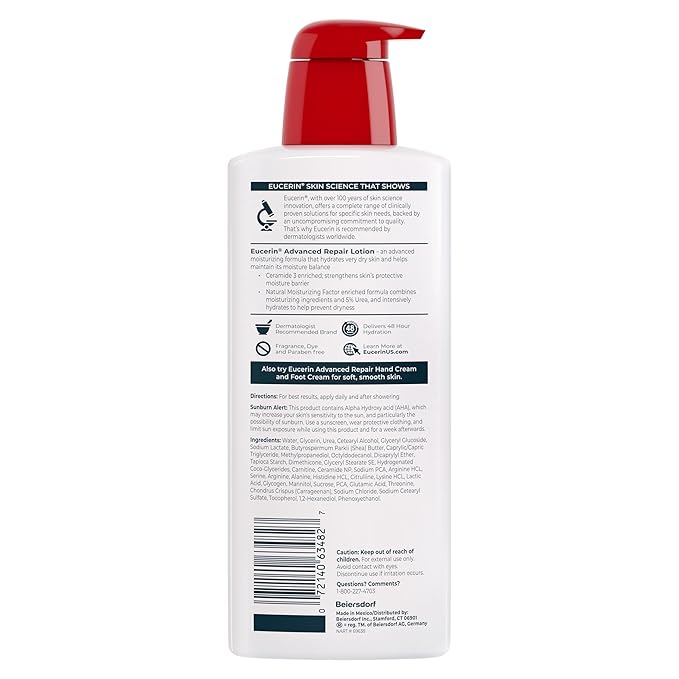 Eucerin Advanced Repair Unscented Body Lotion for Dry Skin (16.9 Fl Oz) + Advanced Cleansing Body and Face Cleanser for Sensitive Skin, Fragrance Free (16.9 Fl Oz)