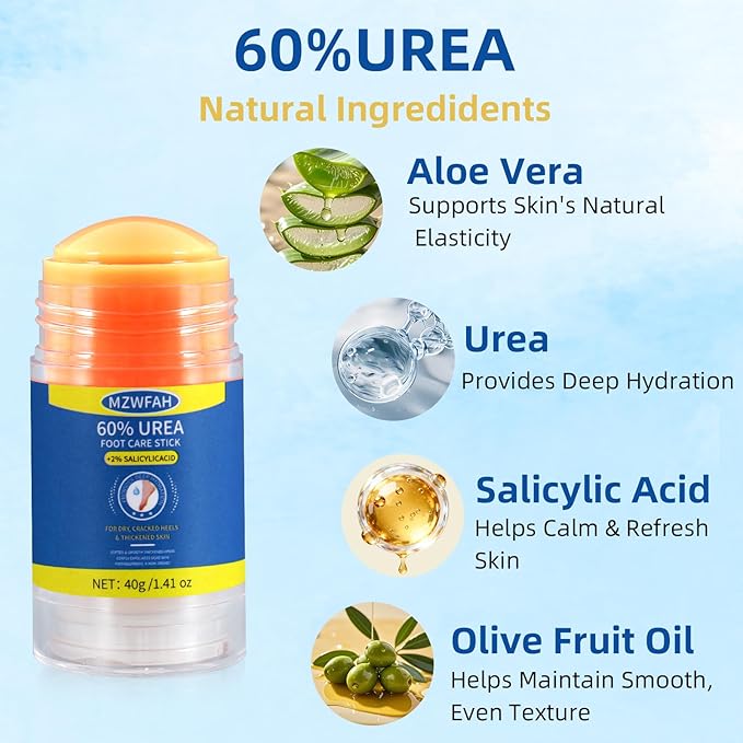 Urea Foot Cream 60% with Salicylic Acid 2%, Foot Care Stick for Cracked Heels, Callus Remover & Exfoliating Moisturizer for Dry Feet, Hands and Knees