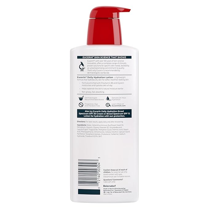 Eucerin Daily Hydration Body Lotion for Dry Skin, Unscented Body Moisturizer with Sunflower Oil and Pro-Vitamin B5, 16.9 Fl Oz Bottle, Pack of 3