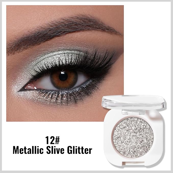 Erinde Silver Glitter Shimmer Single Eyeshadow, Metallic Glow Glitter Cream Eye Shadow, Monochrome Eyeshadow Palette Makeup, Waterproof Sombras para Ojos, Vegan & Cruelty-Free, 12