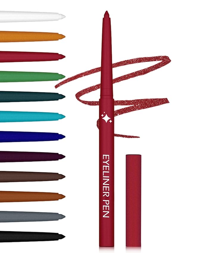 Glitter Red Rose Eyeliner Pencil, Waterproof Glitter Gel Eyeliner, Smudge Proof Long-Lasting Metallic Waterline Eye Liner, Precision Retractable Shine Pen for Mature Women Girls Eye Makeup- #03
