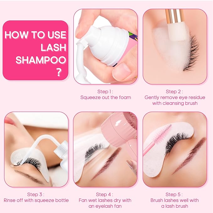 Buqikma Lash Cleaning Kit - Lash Shampoo Kit 60ML with Rechargeable Handheld Fan Dryer, Mascara Brush, Rinse Bottle, Makeup Cleansing Foam for Eyelash Extension Care, Pink