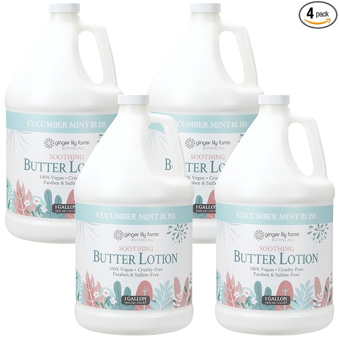 Ginger Lily Farms Botanicals Soothing Butter Lotion for Dry Skin, 100% Vegan & Cruelty-Free, Cucumber Mint Bliss Scent, 1 Gallon (Pack of 4)