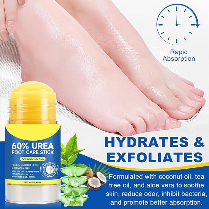 Foot Care Stick with 60% Urea 2% Salicylic Acid Aloe Vera coconut tea tree oil, Foot Callus Dead Hard Skin Remover Moisturizer for Rough Dry Cracked Feet, Knees, Elbows, Hands Repair Stick 2pcs