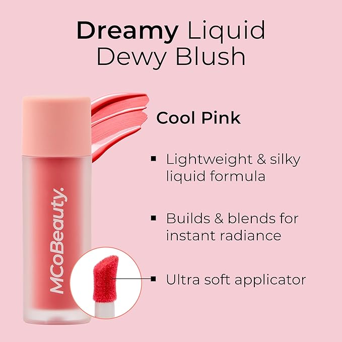 MCoBeauty - Dream Liquid Dewy Blush for Cheeks - Cool Pink Radiant Flush for Fresh Shade - Fresh Glowing Cheeks - 4.6ml - Vegan, Cruelty Free - Face Makeup, Blush Liquid