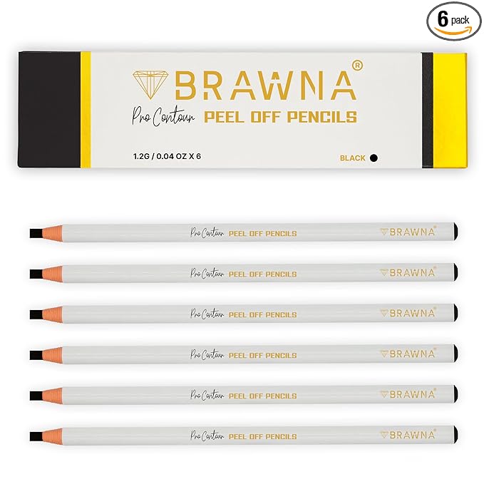 BRAWNA 6 Pcs Brow Pro Peel Off Pencils - Waterproof Eyebrow Mapping Pencil - Microblading Supplies - PMU Kit - Black