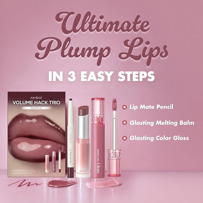 rom&nd Volume Hack Trio Glazed Plum Lip Set | Plumping, Hydrating K-Beauty Lip Kit for High-Shine, Irresistible Pouts