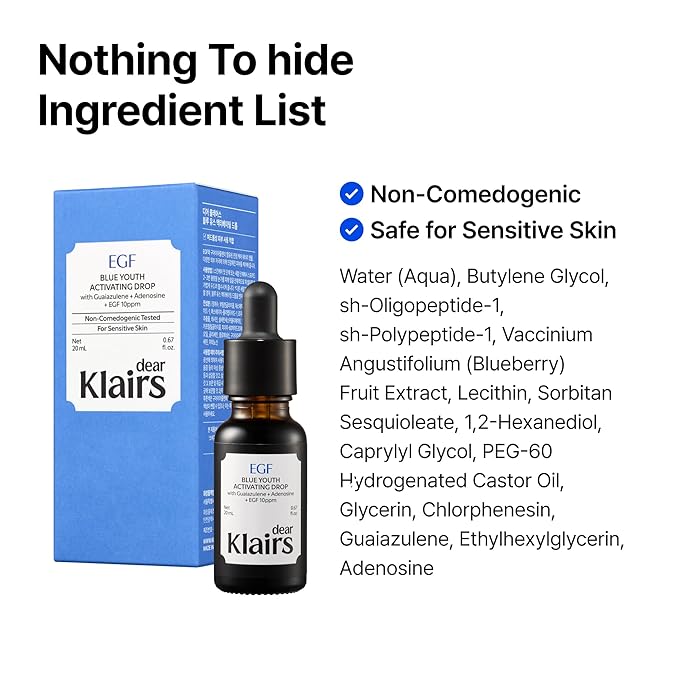 DearKlairs Korean EGF Serum - Blue Youth Activating Drop with EGF & FGF (10ppm Each), Barrier Repair & Post-Blemish Marks, Sensitive Skin-Friendly, Daily Calm & Repair, 1.69 Fl Oz