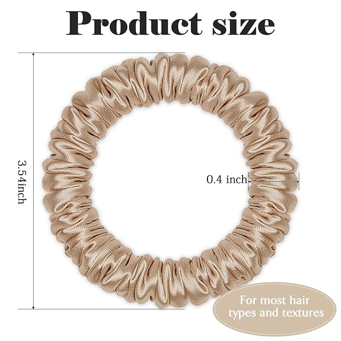 Scrunchies Hair Ties Silk Satin Scrunchy, WantGor Women 4PC Pure Mulberry Silk Skinny Elastic Scrunchies Hair Bands Bracelets Ponytail Holders Hair Accessories (Champagne,Pink,Black*2)